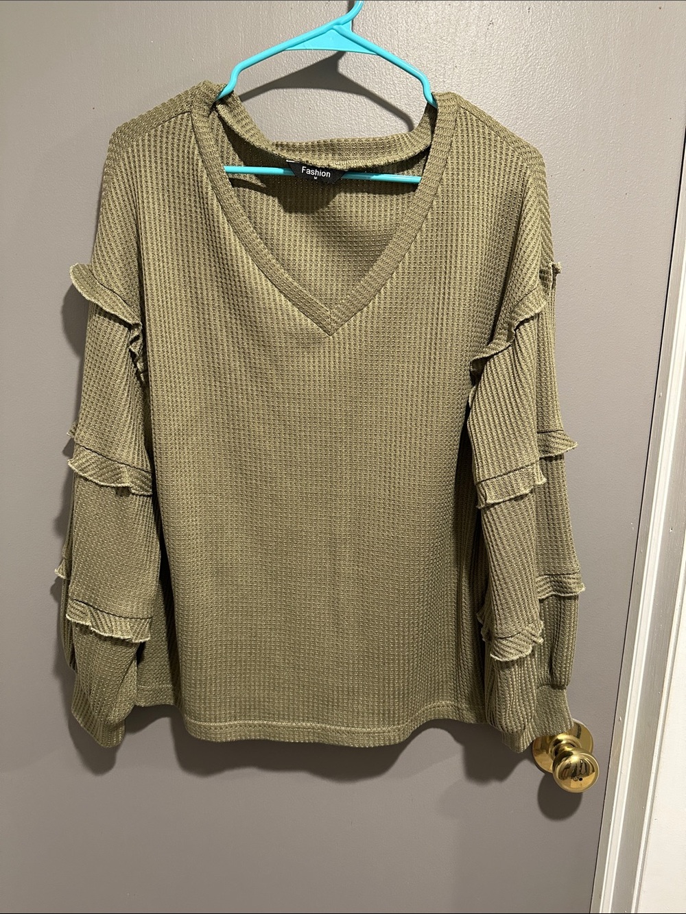 Olive Green Ruffle Sleeve V-Neck Waffle Knit Top